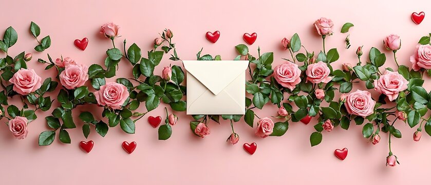 Pink roses, love letter, hearts. Valentine's Day card