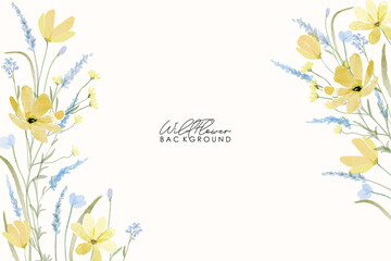 Spring yellow and blue wildflowers watercolor botanical frame background. Spring and summer Background watercolor arrangements with small flower. Botanical illustration minimal style.