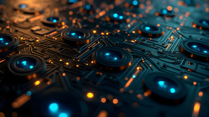 Geometric triangular spiral circuit pattern with glowing nodes, intricate PCB design, futuristic technology background in gold and black.