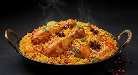 Indian chicken biryani, spicy food photography, with flying food effect, black background
