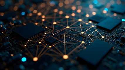 Geometric triangular spiral circuit pattern with glowing nodes, intricate PCB design, futuristic technology background in gold and black.