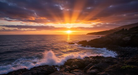 Sunset Over the Ocean with Crashing Waves