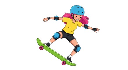 Fototapeta premium Skateboarding on the rise: cartoon girl ollies energetically, using safety equipment.
