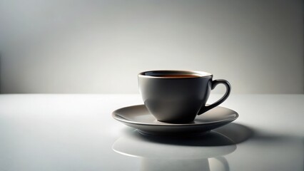 A single cup of dark coffee rests on a saucer, illuminated by a soft light source, creating a moment of quiet contemplation