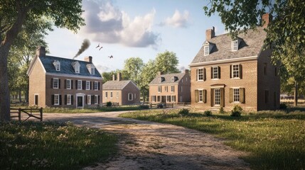 Serene Colonial Village: A picturesque rendering of historic brick homes on a sunny day, evoking a sense of tranquility and the charm of a bygone era.