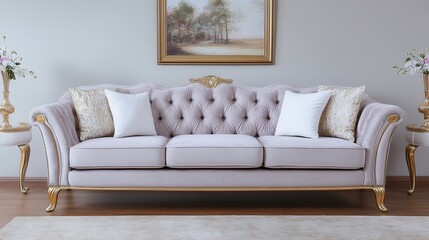 Fototapeta premium Elegant light-gray sofa with decorative gold accents in a living room setting.
