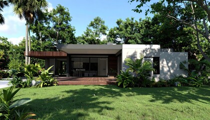 Modern tropical home Minimalist design with lush garden, and architectural beauty.