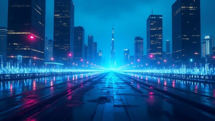 High quality Professional Futuristic city nightscape neon lights highway stock image