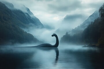 Obraz premium Mysterious large dark creature with long neck floating on calm lake surrounded by misty mountainous landscape under cloudy sky