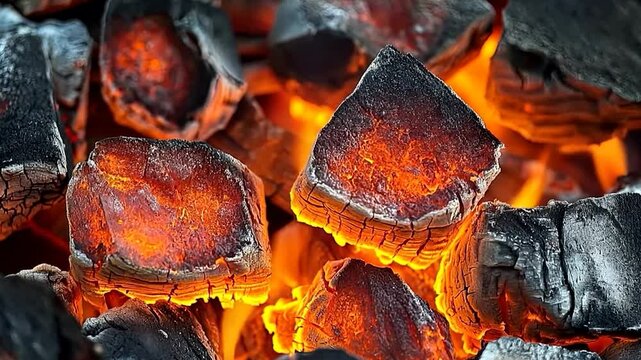Red-hot coals glowing in a fiery embrace, perfect for a cozy fireplace or a summer barbecue