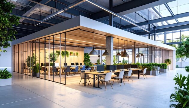Modern office glass with plants, and coworking space Bright  sustainable design.