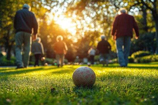Group of elderly people walking on a grassy field during golden hour with a bocce ball in the foreground, evoking a relaxed and peaceful atmosphere