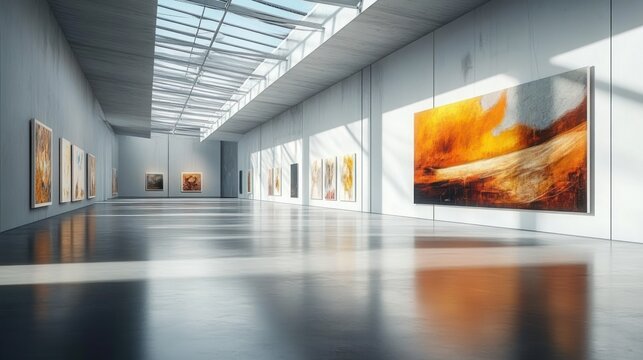 Spacious modern art gallery with large abstract paintings displayed on white walls, illuminated by natural skylight creating bright and peaceful atmosphere - Powered by Adobe