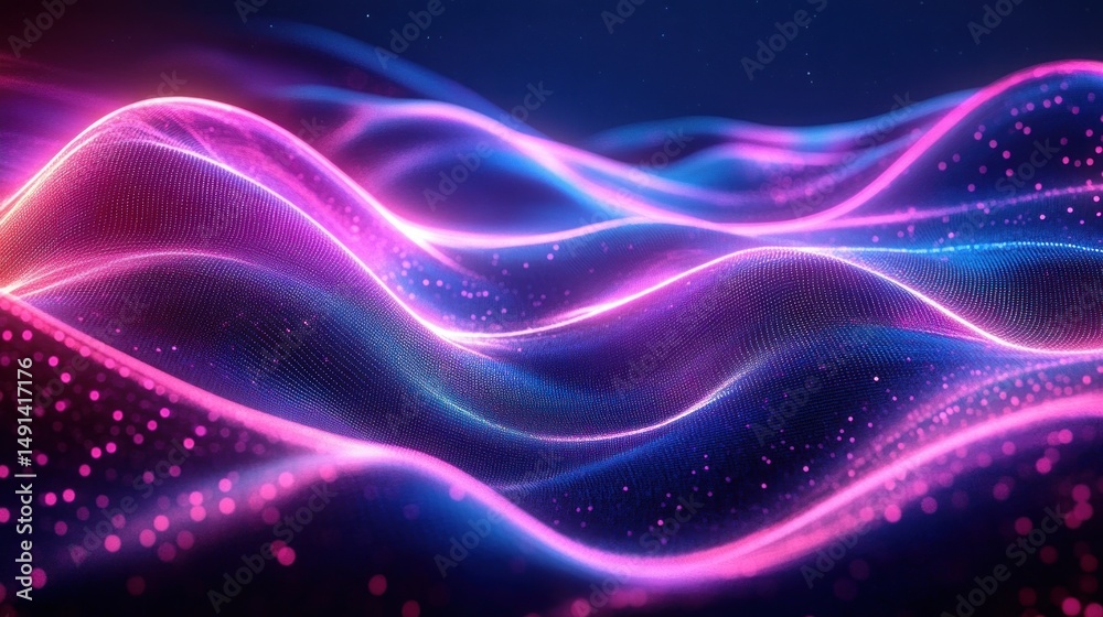 Aufkleber abstract digital waves of glowing pink and blue particles creating a flowing futuristic landscape wi