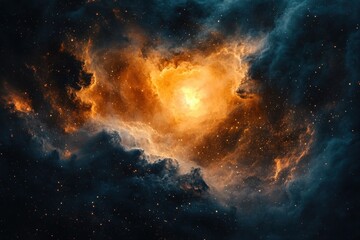 Fototapeta premium Vivid cosmic nebula with glowing orange and yellow gas clouds surrounded by dark blue space and scattered bright stars, evoking a sense of vastness and mystery