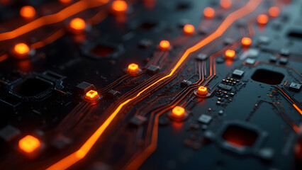 High-power zigzag circuit with glowing square nodes, industrial energy distribution aesthetic in orange and black.