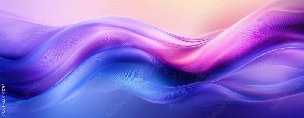 Poster smooth flowing waves in shades of purple and blue blending seamlessly with a soft pastel background,