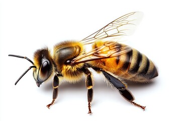 Close-up side view of a yellow and black striped bee with translucent wings and detailed body hairs on a white background
