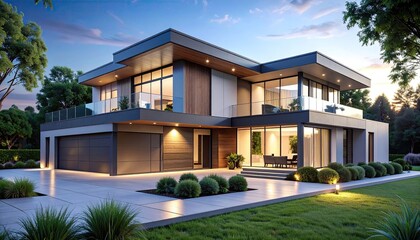 Fototapeta premium Modern Luxury Home at Dusk Contemporary Architecture Dream. (1)