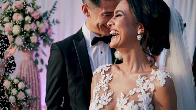 Joyful bride and groom laughing at a wedding, captured in a close-up angle. The video style is candid and vibrant, highlighting their happiness.