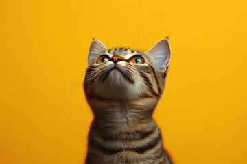 close-up of a curious tabby cat with green eyes looking upwards against a bright yellow background