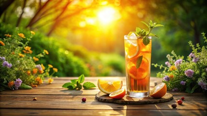 Fototapeta premium Refreshing Iced Tea with Citrus and Mint on Wooden Table in Sunny Garden