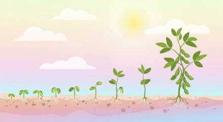 Vivid Depiction of Plant Growth Stages from Seedlings to Mature Tree in a Bright Natural Environment