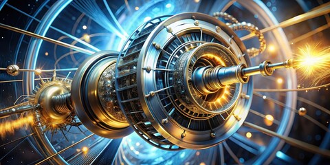 A Futuristic Golden and Steel Rotary Engine System with Glowing Energy Transfer