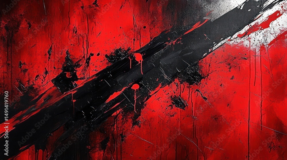 Poster abstract red and black textured painting with diagonal bold black streak and splattered paint creating intense and dynamic emotion