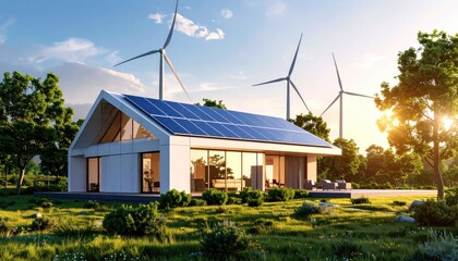 Obraz premium Eco Living Modern Solar Home with Wind Turbines at Sunset.