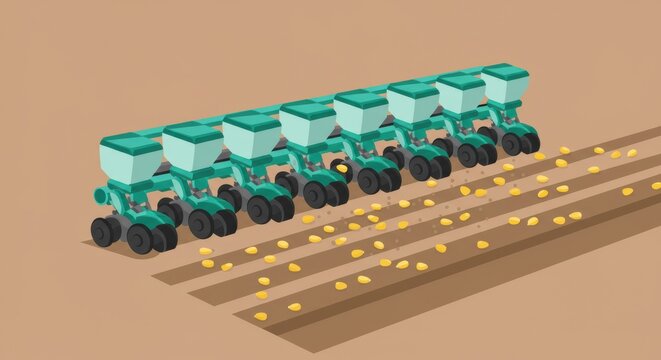 Illustration of modern agricultural seeders planting on a field in a minimalistic style