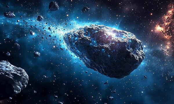 Space asteroid in nebula