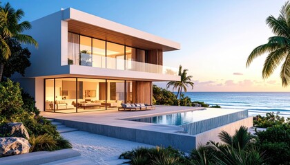 Fototapeta premium Oceanfront Oasis Modern villa by the sea with infinity pool at sunset.