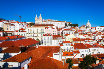 The Portas do Sol Viewpoint , Ancient monastery of Sao Vicente de Fora in the background ,  Lisbon, Portugal