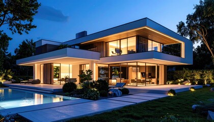 Fototapeta premium Modern Villa Night Illuminated Luxury by the Pool.