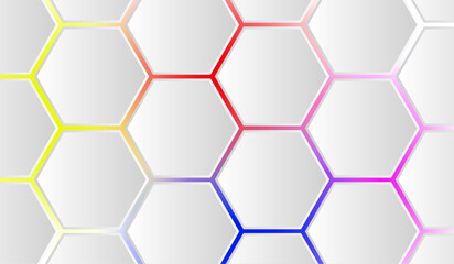 White 3d hexagonal technology vector abstract background. Colored bright energy flashes under hexagon in modern technology futuristic background vector illustration.