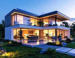Fototapeta premium Modern Villa at Dusk Illuminated Luxury Living.