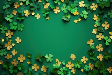 Naklejka premium Scattered green and gold four-leaf clovers forming a natural border on a green background evoking luck and festivity