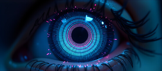 Iridescent elliptical circuits with radial lines and microlens pupil, mimicking advanced photonic vision systems.