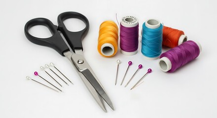 Sewing supplies on white background