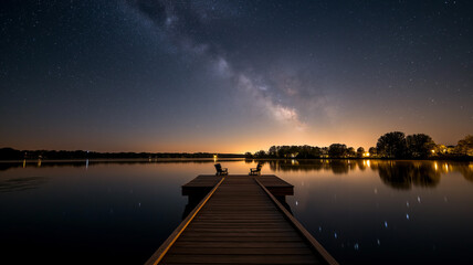 Obraz premium Friends lying on pier over lake, meteor shower reflecting in calm water
