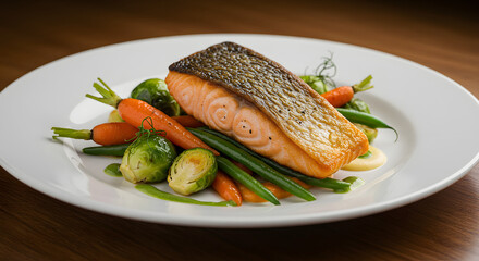 Pan-Seared Salmon with Roasted Vegetables on White Plate