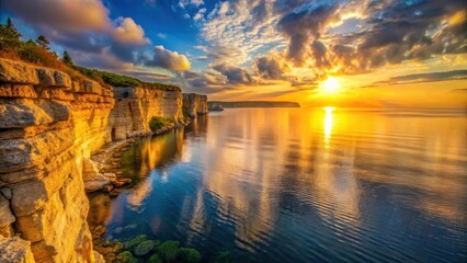 Fototapeta premium Golden Hour Serenity Dramatic Coastal Cliffs Reflecting a Vibrant Sunset Over Calm Ocean Waters
