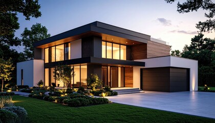 Fototapeta premium Modern Dream Home Lit at Dusk with Luxury Estate.