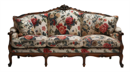 Baroque Floral Sofa With Wood Carvings Isolated on Transparent Background
