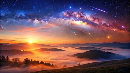 Fototapeta premium Serene Sunrise Over Misty Mountain Range with a Vivid Celestial Display Featuring Shooting Stars and the Milky Way