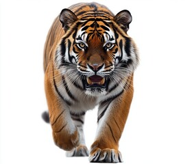 Fototapeta premium Close-up of a fierce tiger walking forward with intense gaze and slightly open mouth showing its teeth on a white background
