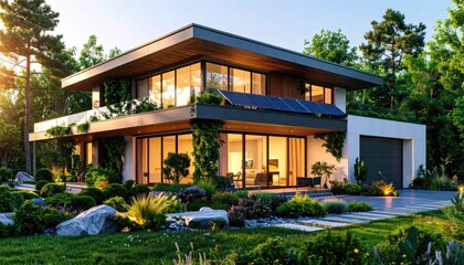 Modern Eco Home Serene Exterior with Greenery with Solar Panels at Sunset.