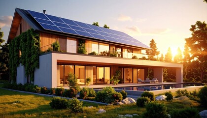 Fototapeta premium EcoLuxury Solar Home with Poolside Sunset, and Modern Living.