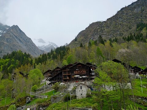 Mountain landscape with snow in the end of spring from Alagna Valsesia, the mountain village in Central Alps, Alagna Valsesia, Vercelli, Italy